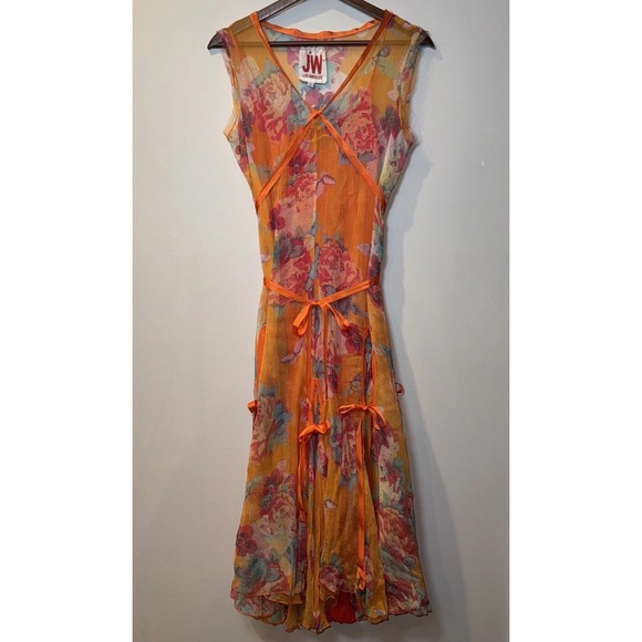 JOHNNY WAS 100% Silk Maxi Dress Sz S Orange Floral Tiered Lined Boho Ribbon Slip - Picture 1 of 16